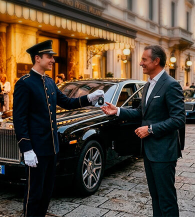 Un consierge restituisce al cliente le chiavi della sua Rolls Royce come simbolo di un servizio chiavi in mano, cover del servizio Global Service