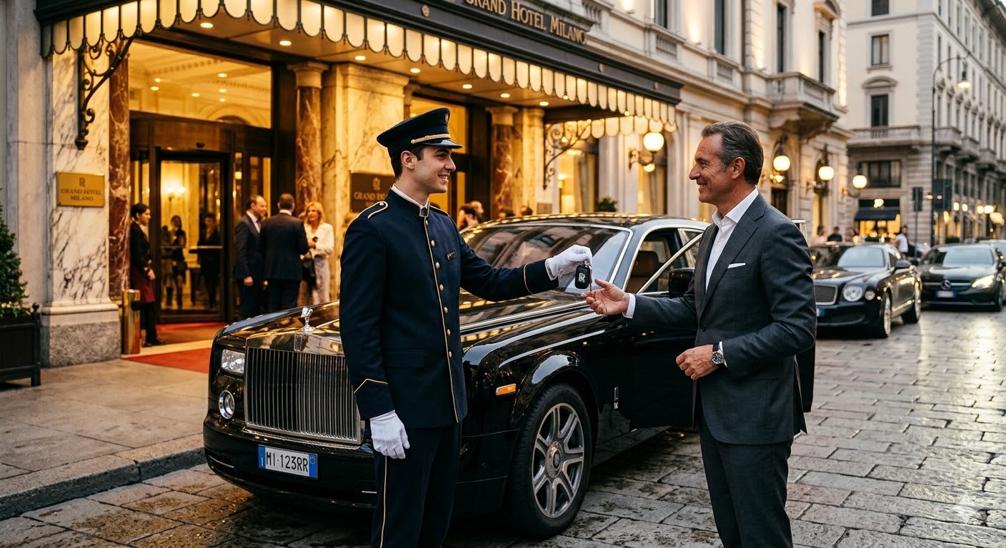 Un consierge restituisce al cliente le chiavi della sua Rolls Royce come simbolo di un servizio chiavi in mano