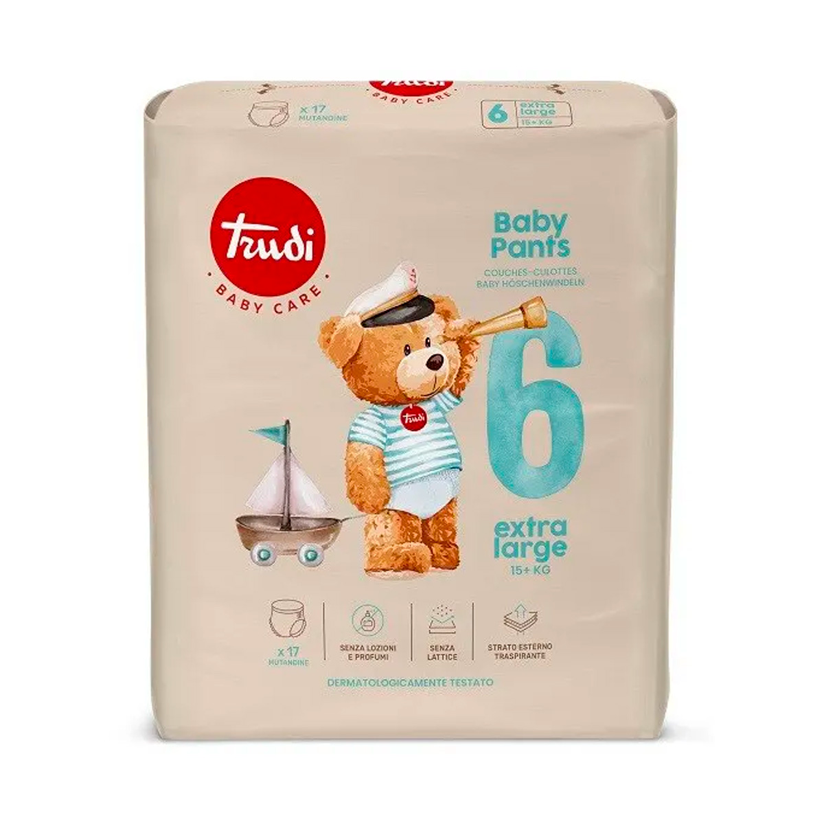 Pannolini a mutandina Trudi Baby Pants Extra Large 15+ kg. Elastici, pratici e ad alta assorbenza, ideali per bambini attivi