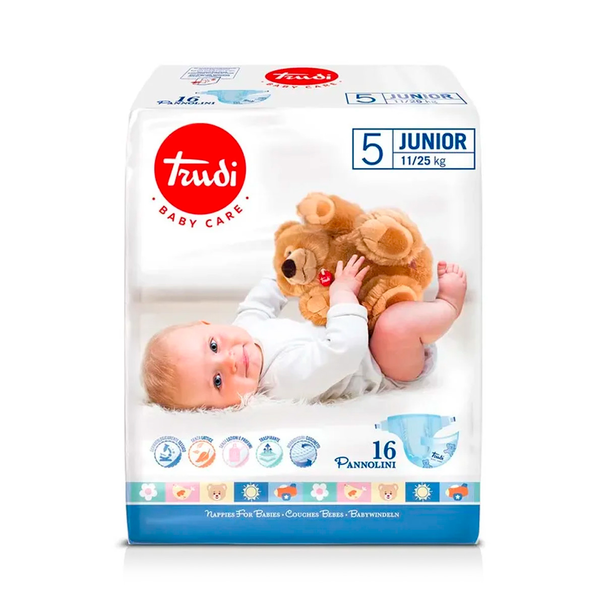 Pannolini neonato 11-25 kg junior della linea Trudi baby care, ad alta assorbenza bambino