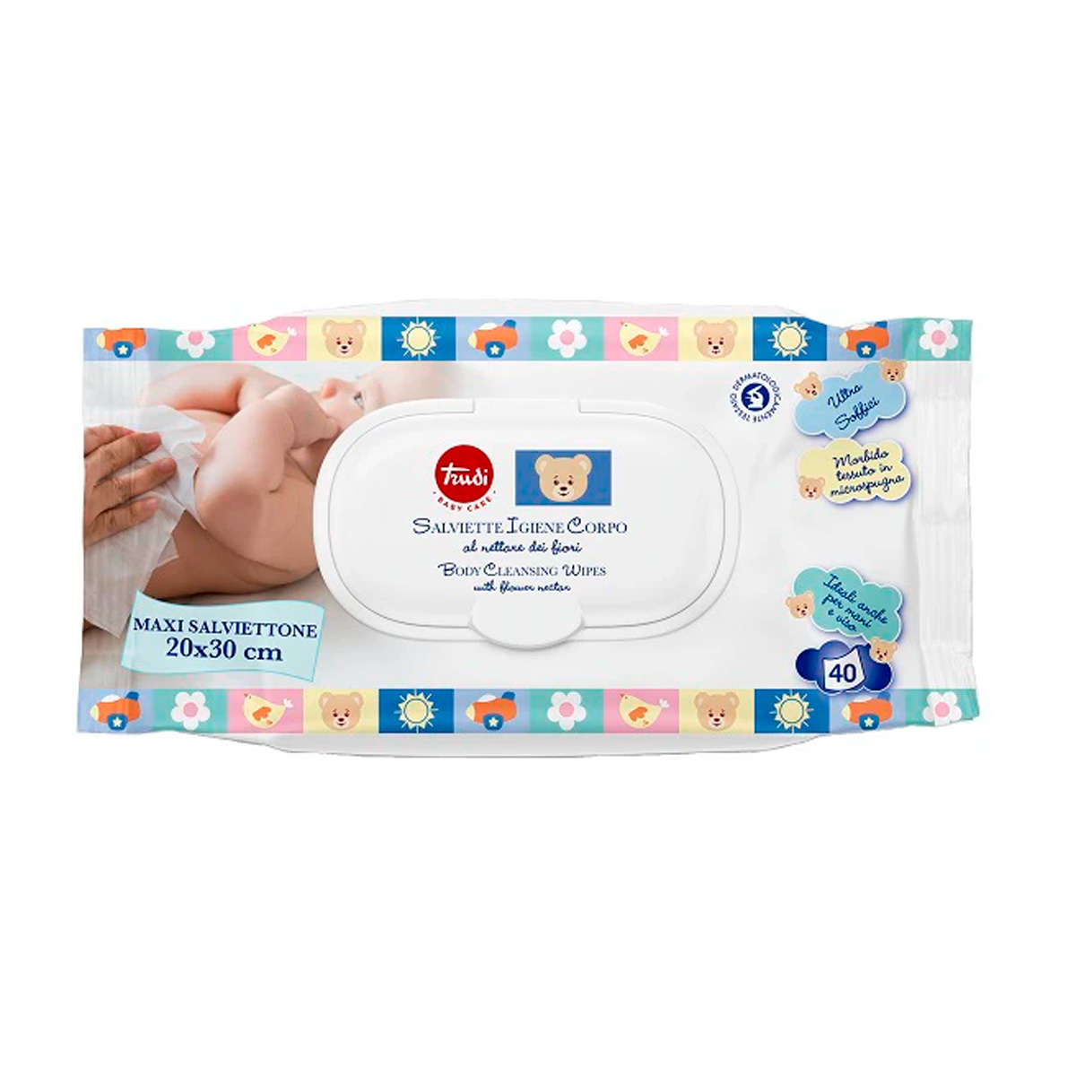 Salviettine neonato igiene corpo Trudi baby care grandi, confezione da 40p