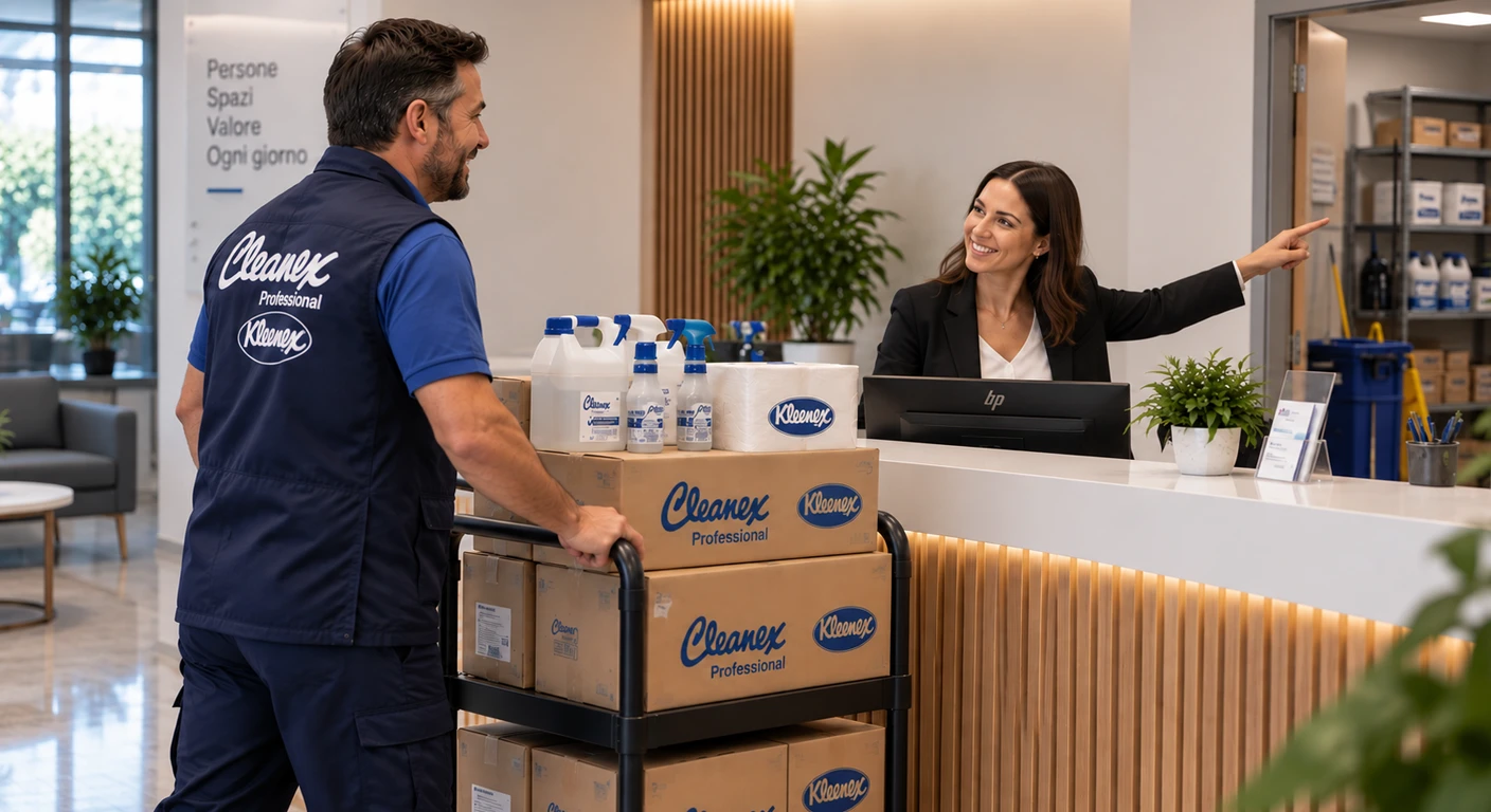 Un tecnico di Cleanex consegna materiale per le pulizie in un'azienda, è il nostro servizio Global Service tutto incluso