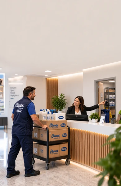 Un tecnico di Cleanex consegna materiale per le pulizie in un'azienda, è il nostro servizio Global Service tutto incluso